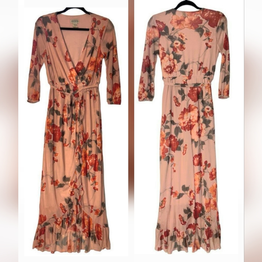 Enfocus Studio Fall Floral Chiffon Maxi Dress Tie Waist Long Sheer Sleeves Sz 6 - Picture 14 of 14